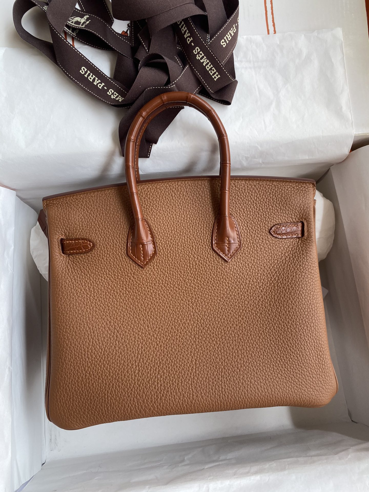 Hermes Touch Birkin 25CM Bag In Brown Togo and Matte Alligator Crocodile Leather